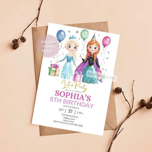 Frozen birthday invitation with Elsa and Anna
