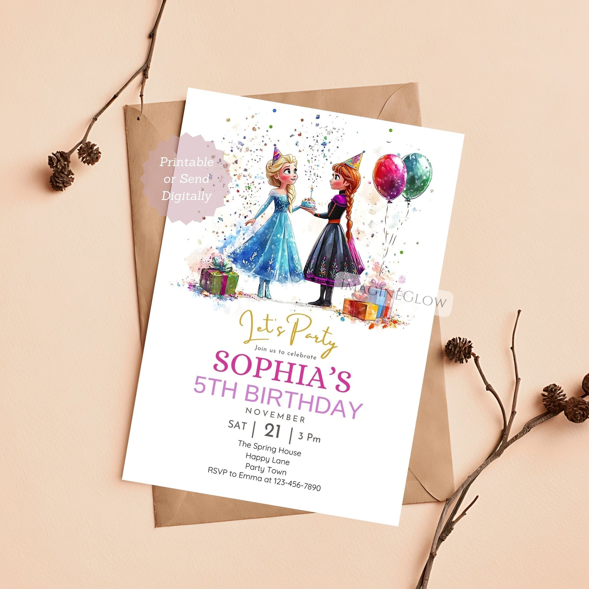 Frozen party invitation for girls
Whimsical Elsa Anna birthday invite
