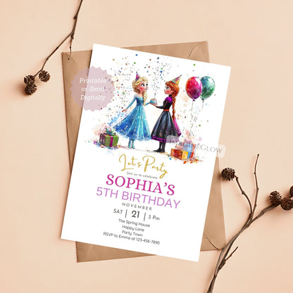 Frozen party invitation for girls
Whimsical Elsa Anna birthday invite
