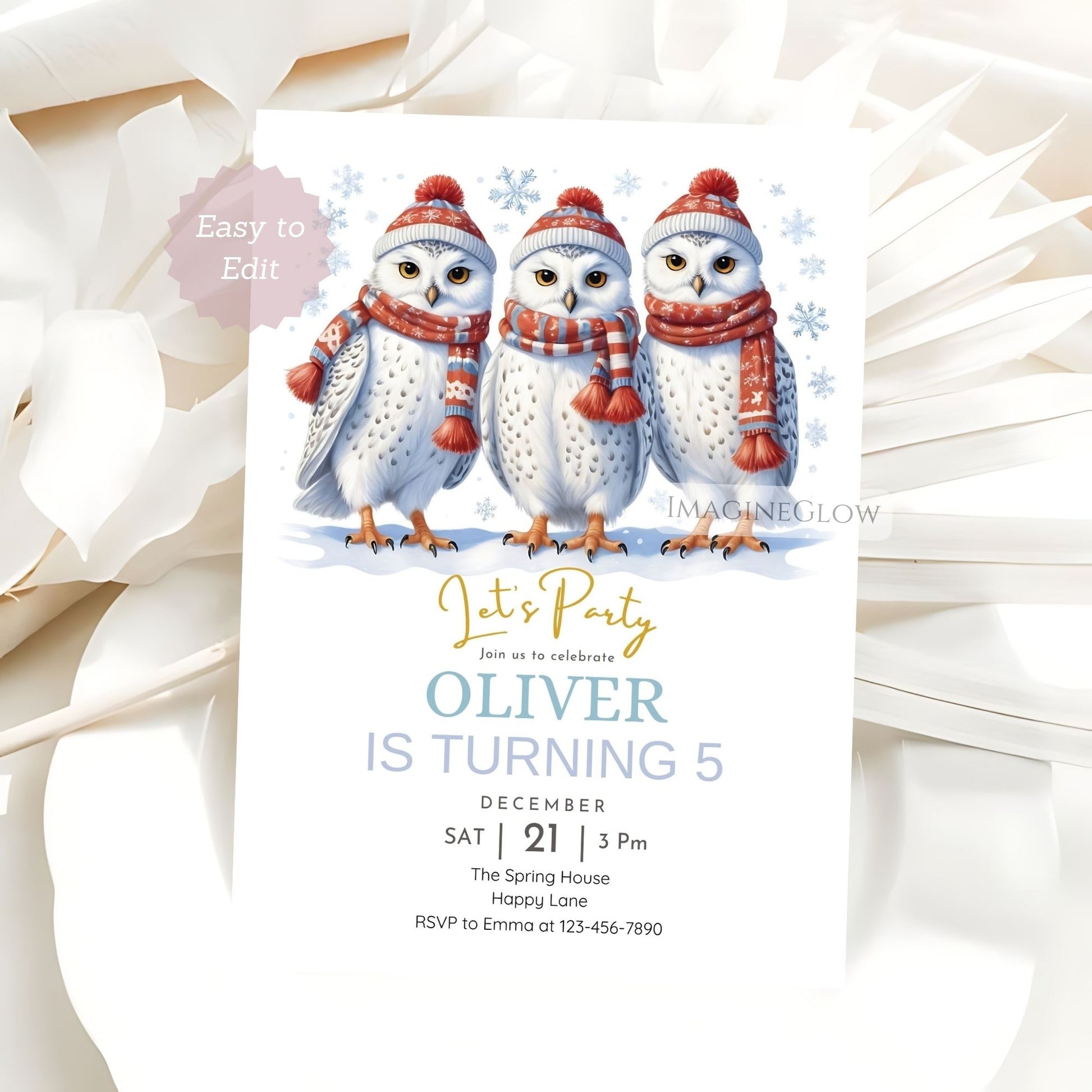 Birthday invitation card with three owls wearing scarves on a white background