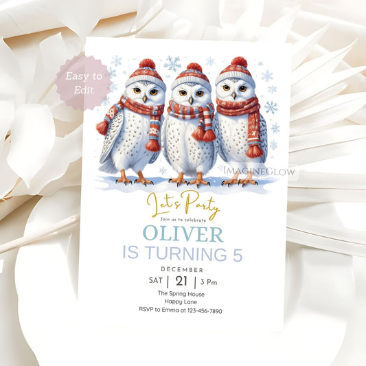 Birthday invitation card with three owls wearing scarves on a white background