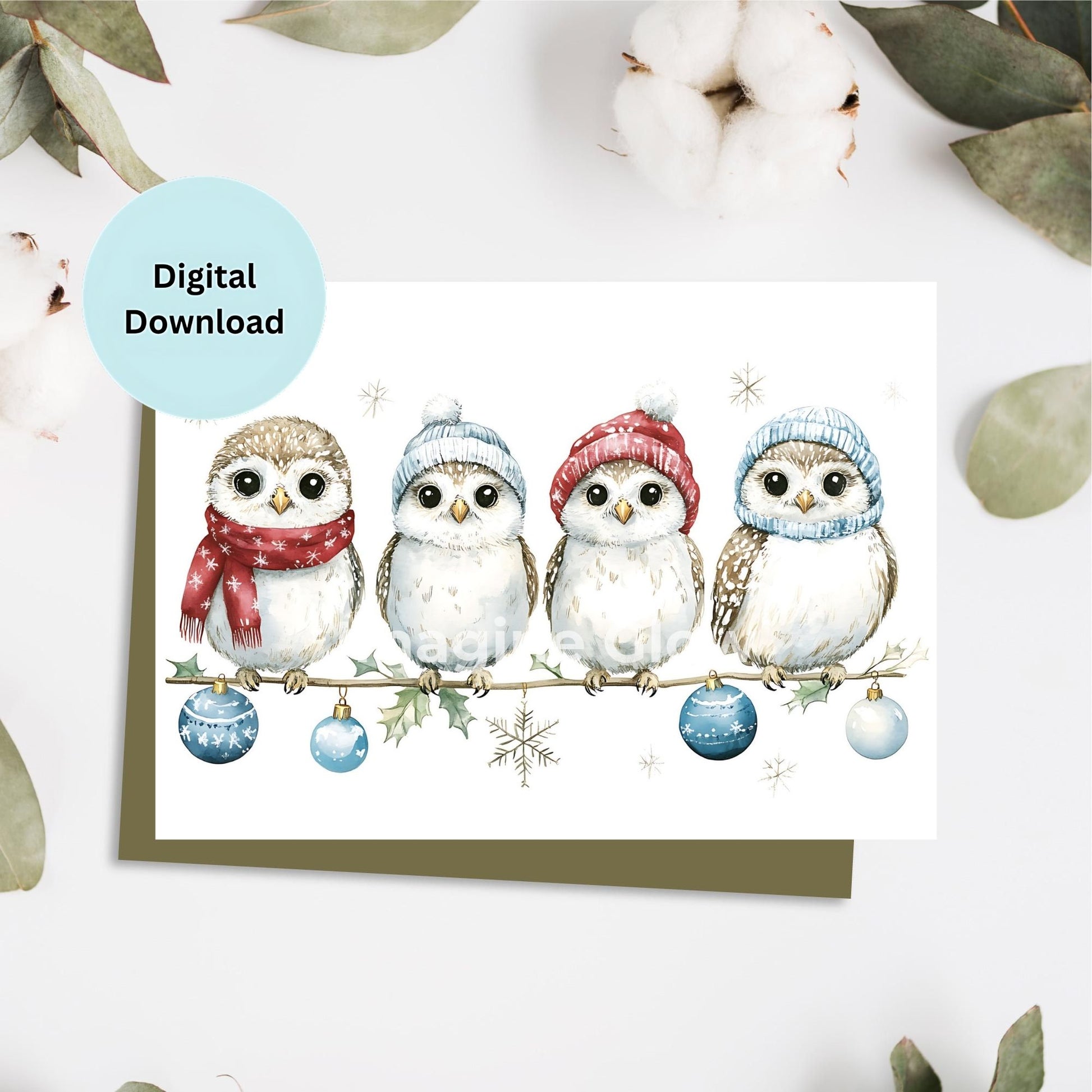 Printable Snowy Owl Christmas card for instant download and printing.
