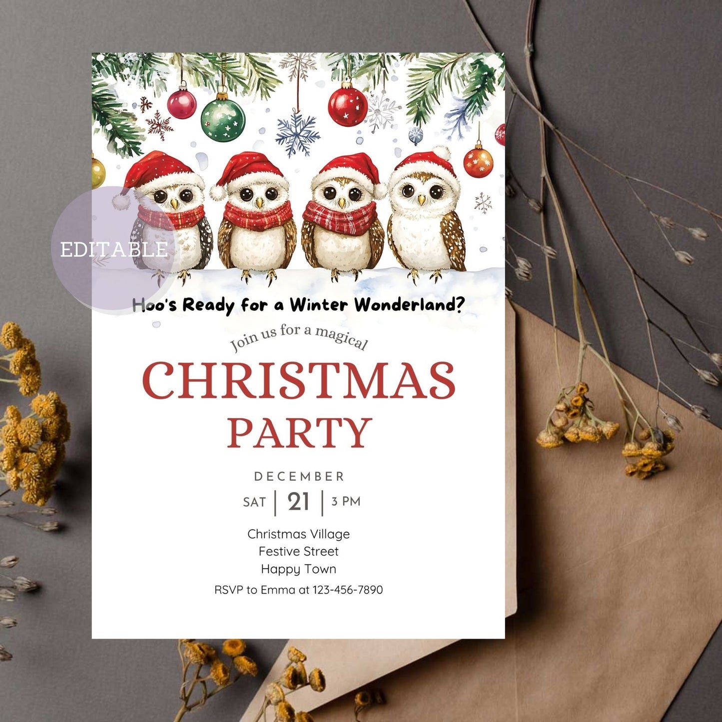 Snowy owls Christmas invite with elegant winter design.

