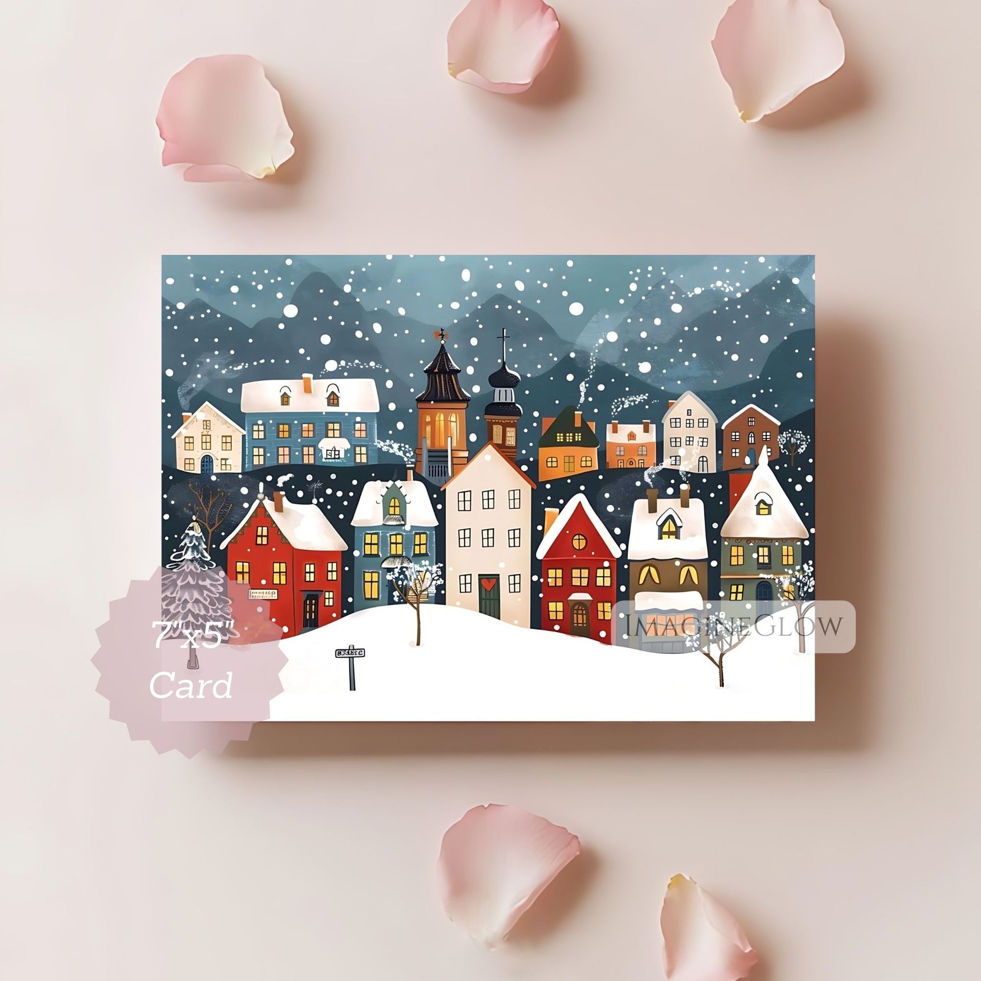 holiday christmas card with snowy village scene
