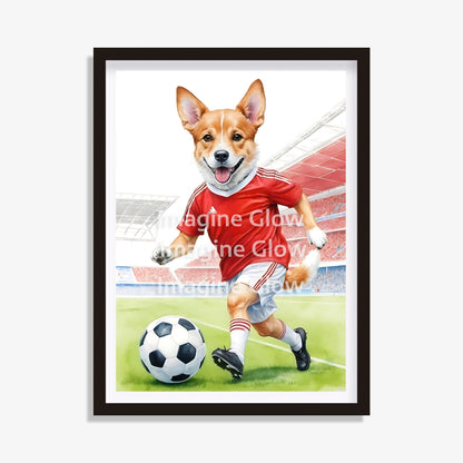 Soccer Art - Red Shirt Dog Playing Football - Digital Download Printable Dog Artwork - Funny Sports Art