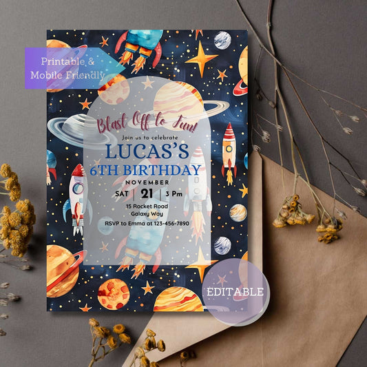 Space-themed birthday invitation with planets, stars, and rockets for kids’ party