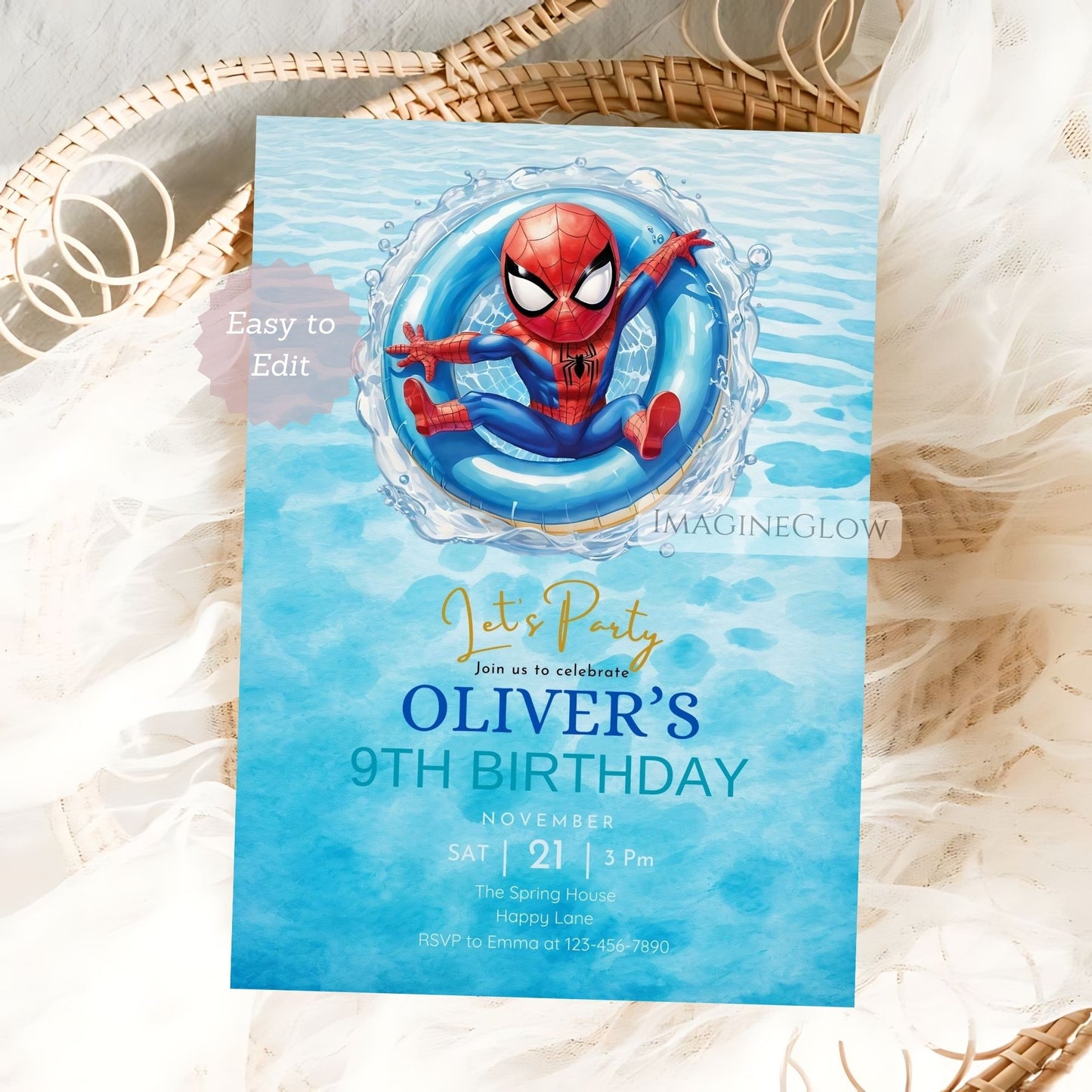 comic book pool party invite
spiderman summer splash party card
