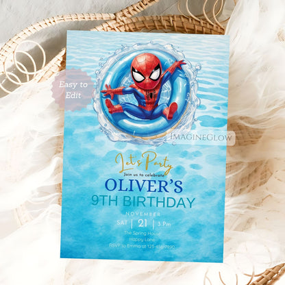 comic book pool party invite
spiderman summer splash party card
