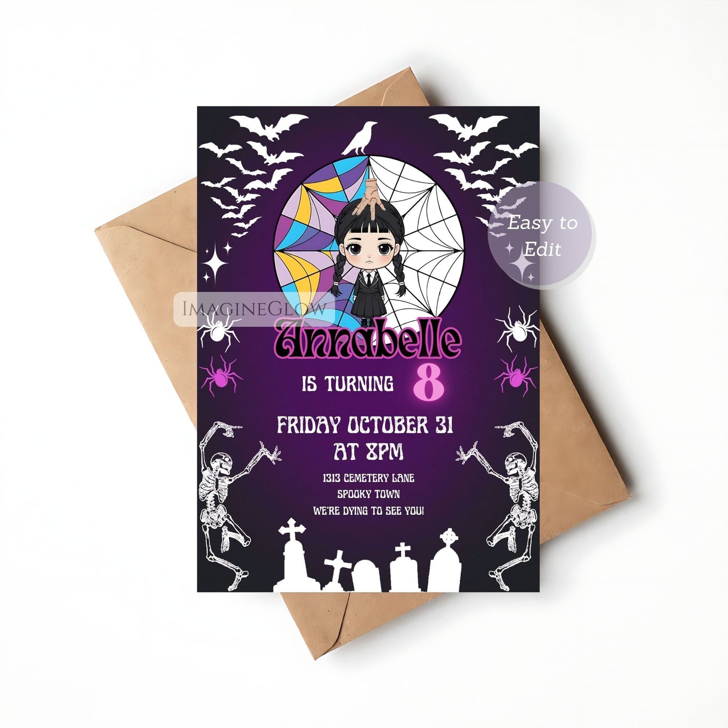 Dark floral Addams birthday invitation
Halloween party invite for girls featuring Wednesday

