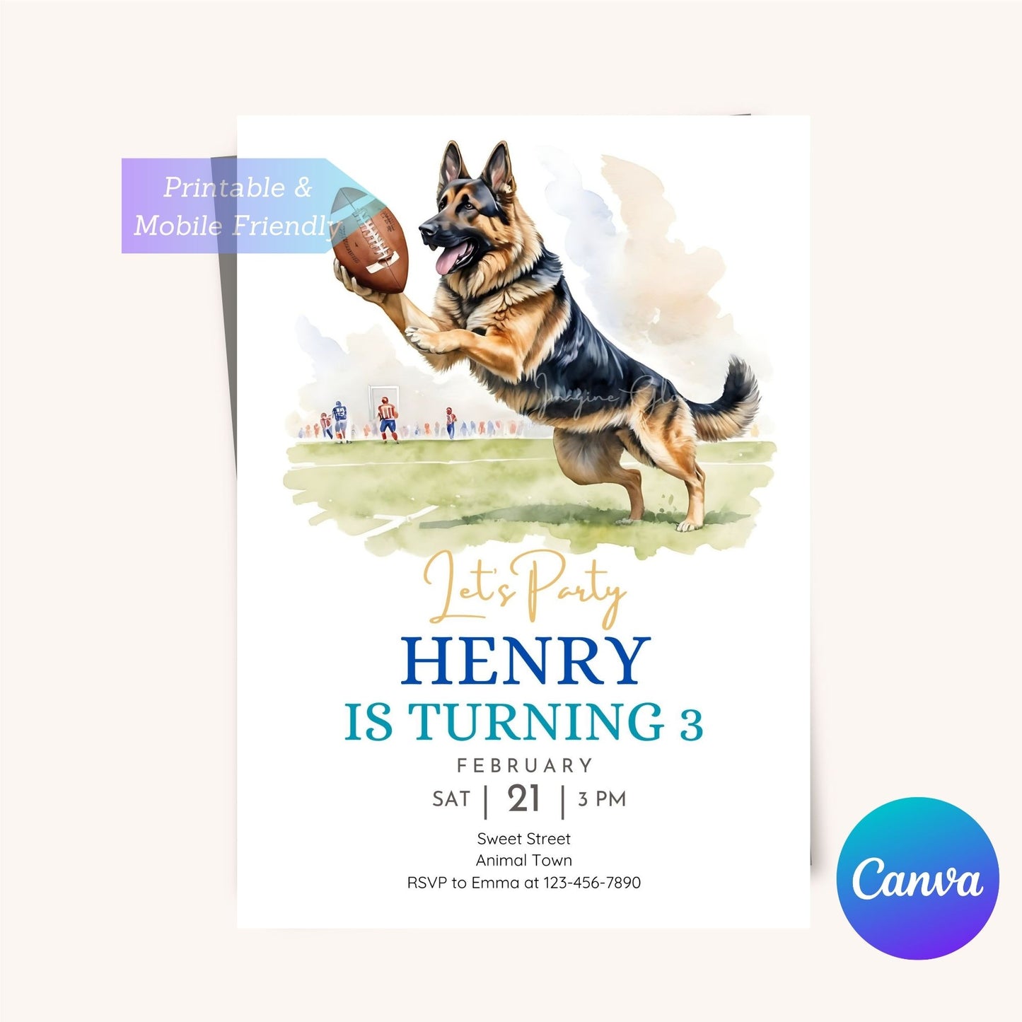 Printable football-themed invite with a German Shepherd puppy.
German Shepherd Dog sports invitation for kids' birthday party.