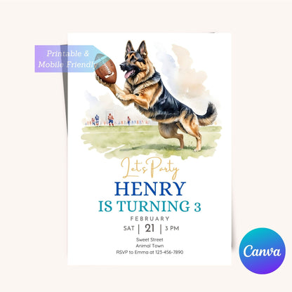 Printable football-themed invite with a German Shepherd puppy.
German Shepherd Dog sports invitation for kids' birthday party.