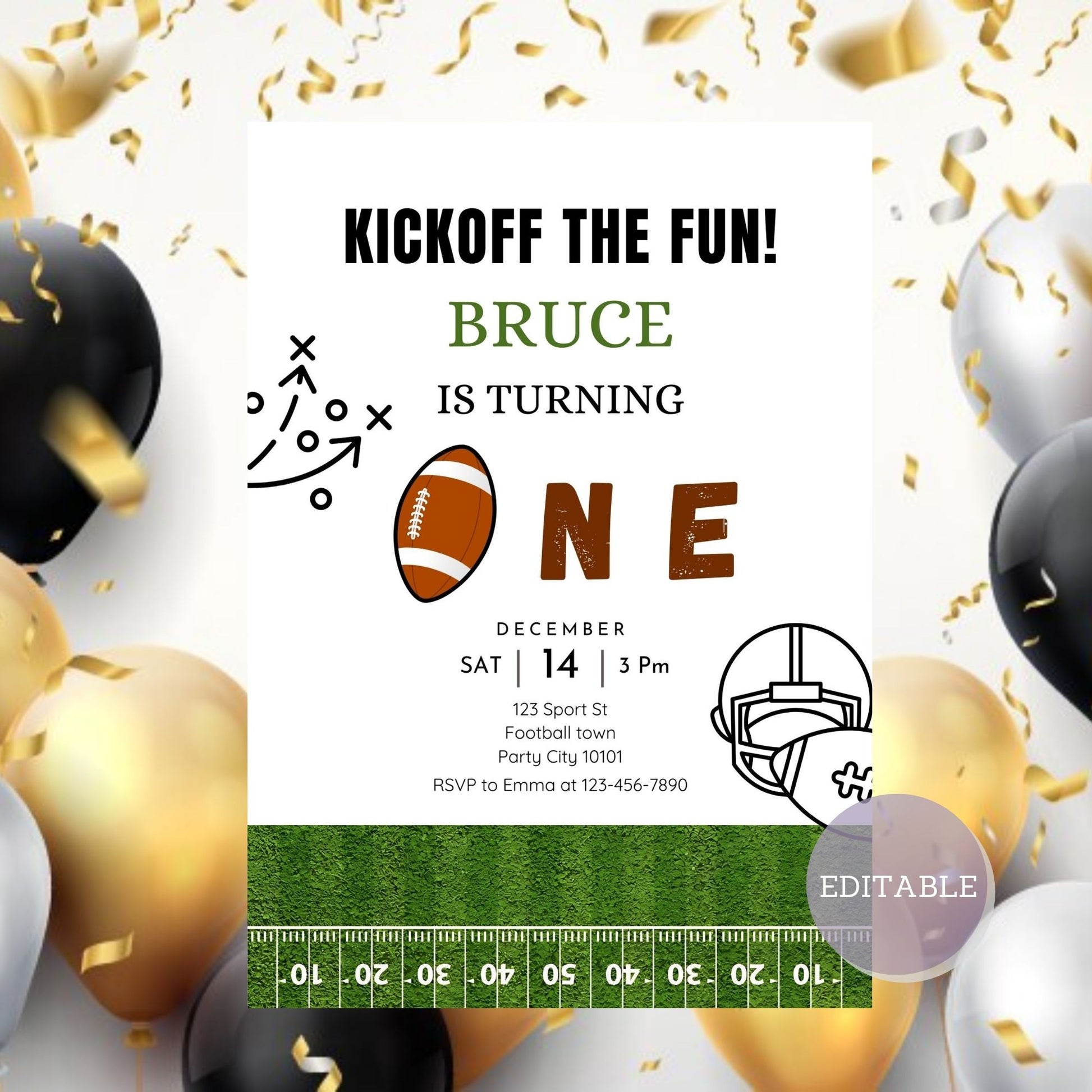 Customizable football 1st birthday invitation with sporty design.