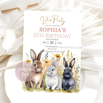 rabbit wildflower birthday invitation
