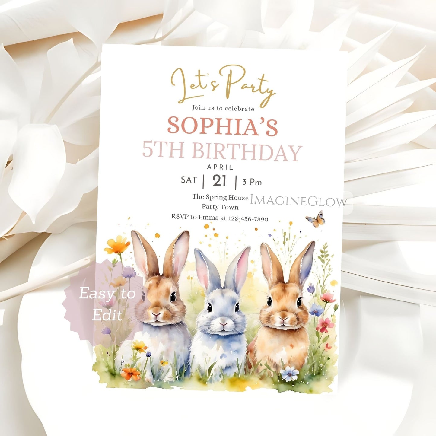 Birthday party invitation with three rabbits and flowers on a white background
