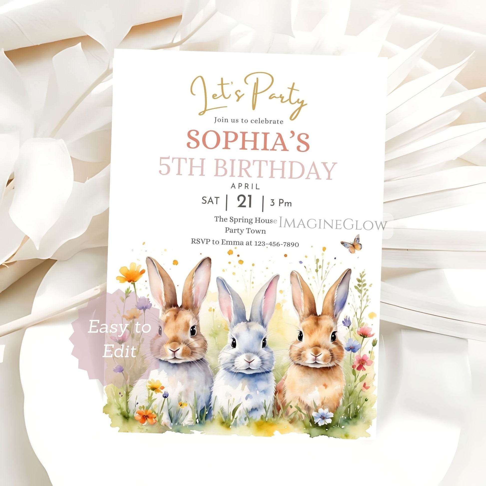 Birthday party invitation with three rabbits and flowers on a white background