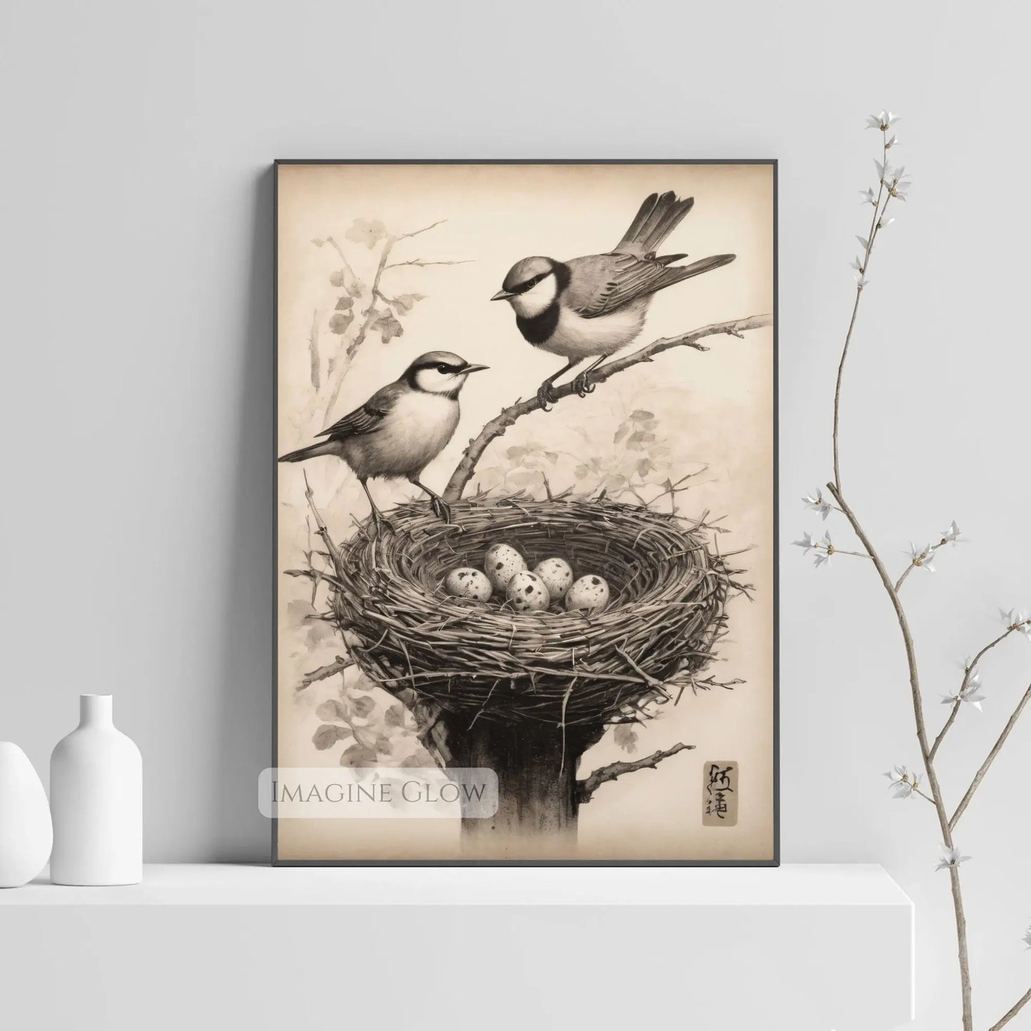 Rustic bird nest artwork with eggs for cozy decor
