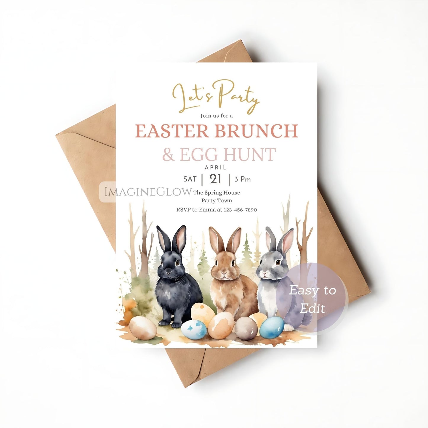 Easter brunch and egg hunt invitation with bunnies and eggs on a white background