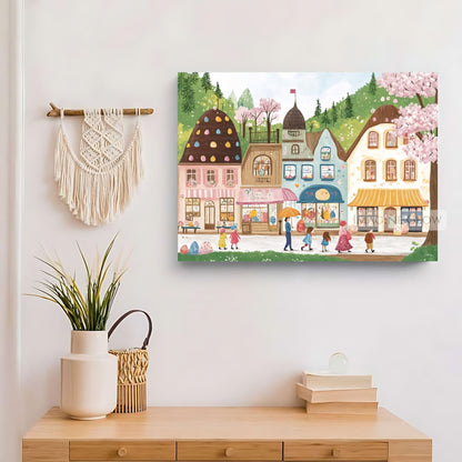 Spring Cherry Blossom Easter Village Print
