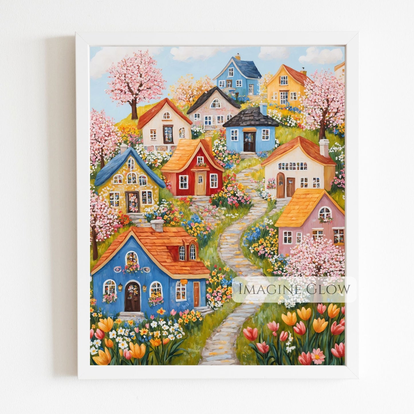 Cozy village on a hillside with vibrant spring blooms
