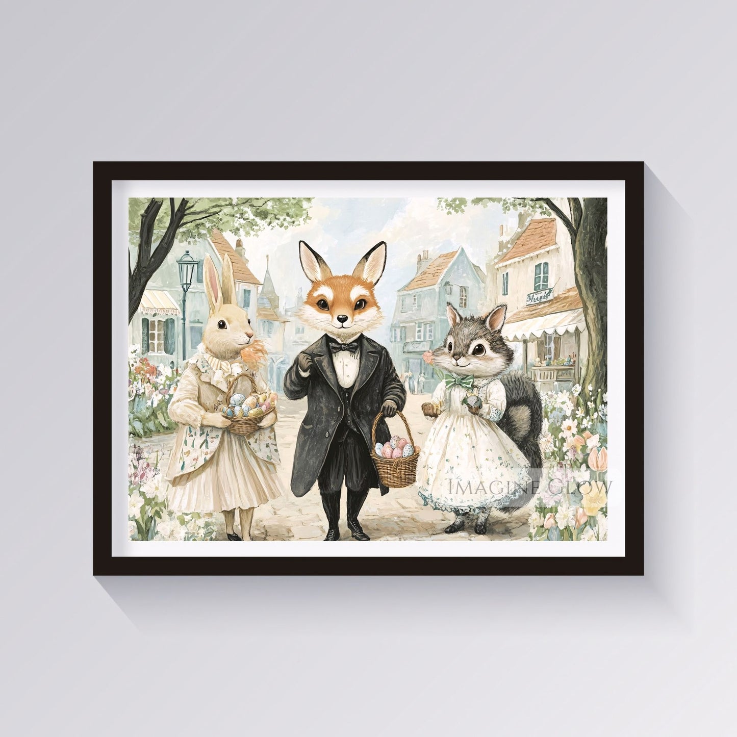 Vintage-Style Bunny and Fox Easter Illustration
