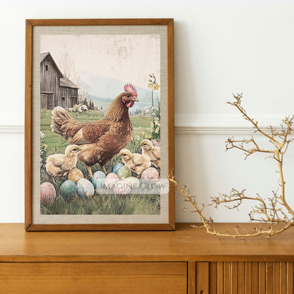 Vintage farm animals with hen and chicks surrounded by Easter eggs.
