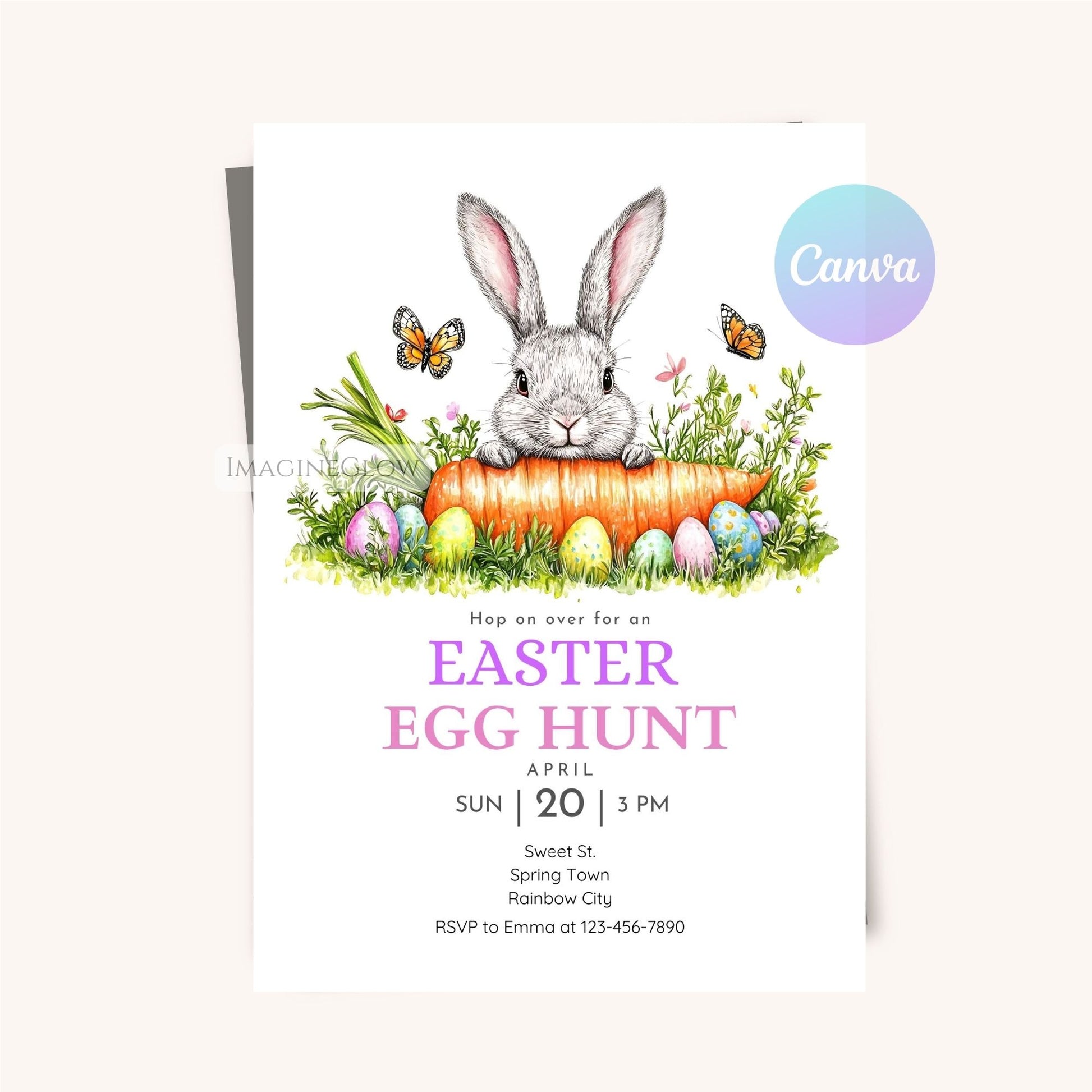 Printable Easter Bunny Invitation with Egg and Carrot
