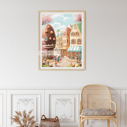 Easter Village Street Art Print – Chocolate Eggs & Blooming Cherry Blossoms Wall Art