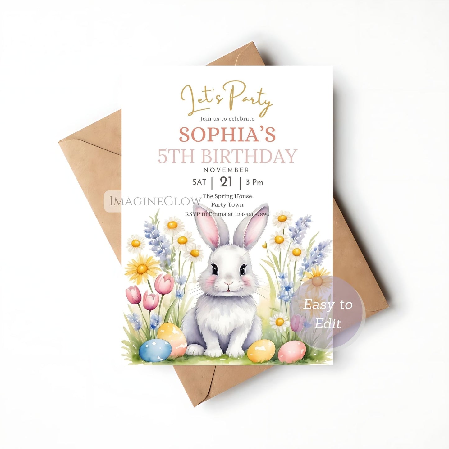 Birthday invitation card with a rabbit and Easter eggs on a white background