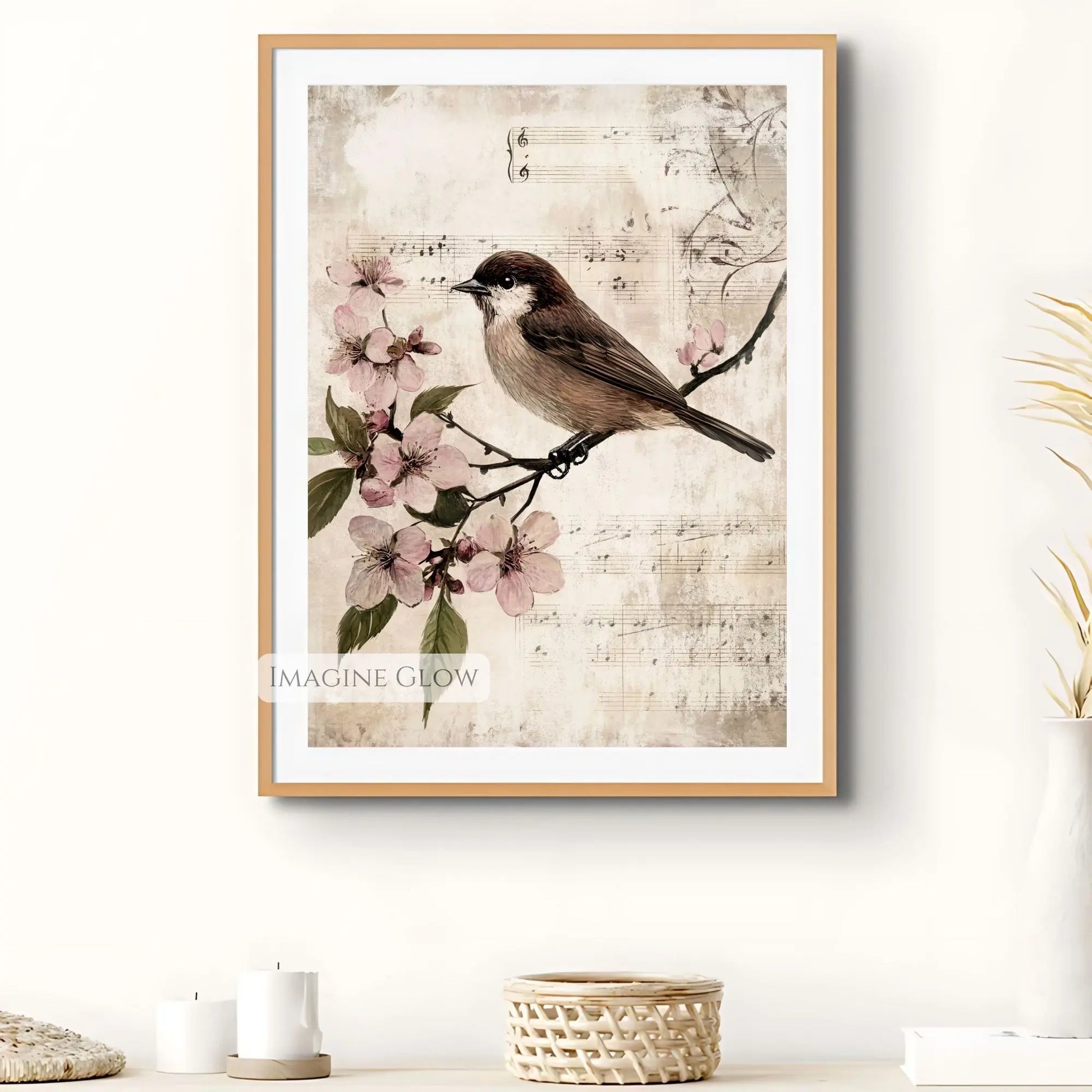 Rustic farmhouse vintage bird perched on flowering branch
