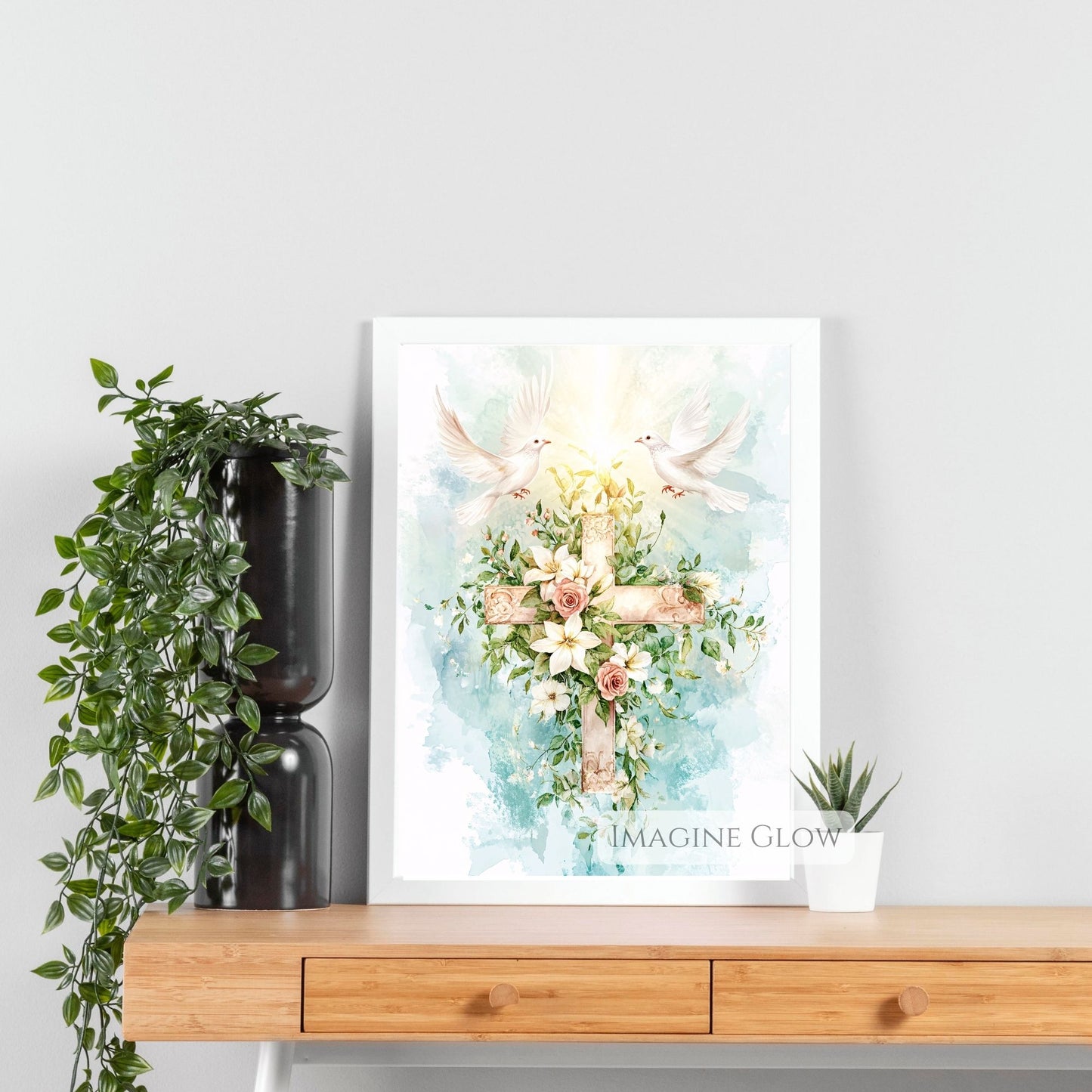 Floral Cross with Two Doves Wall Art - Peaceful Christian Decor - Religious Spring Artwork