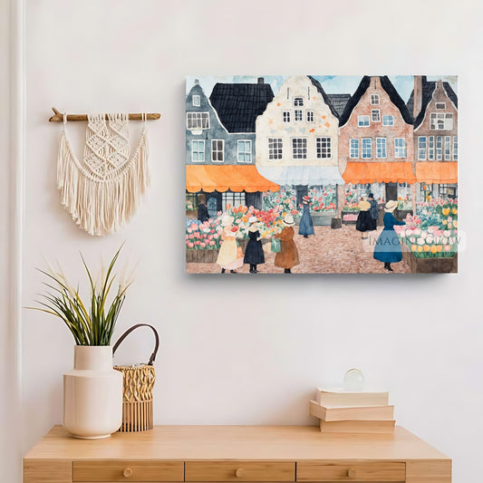 Vintage floral wall art featuring blooming tulips
