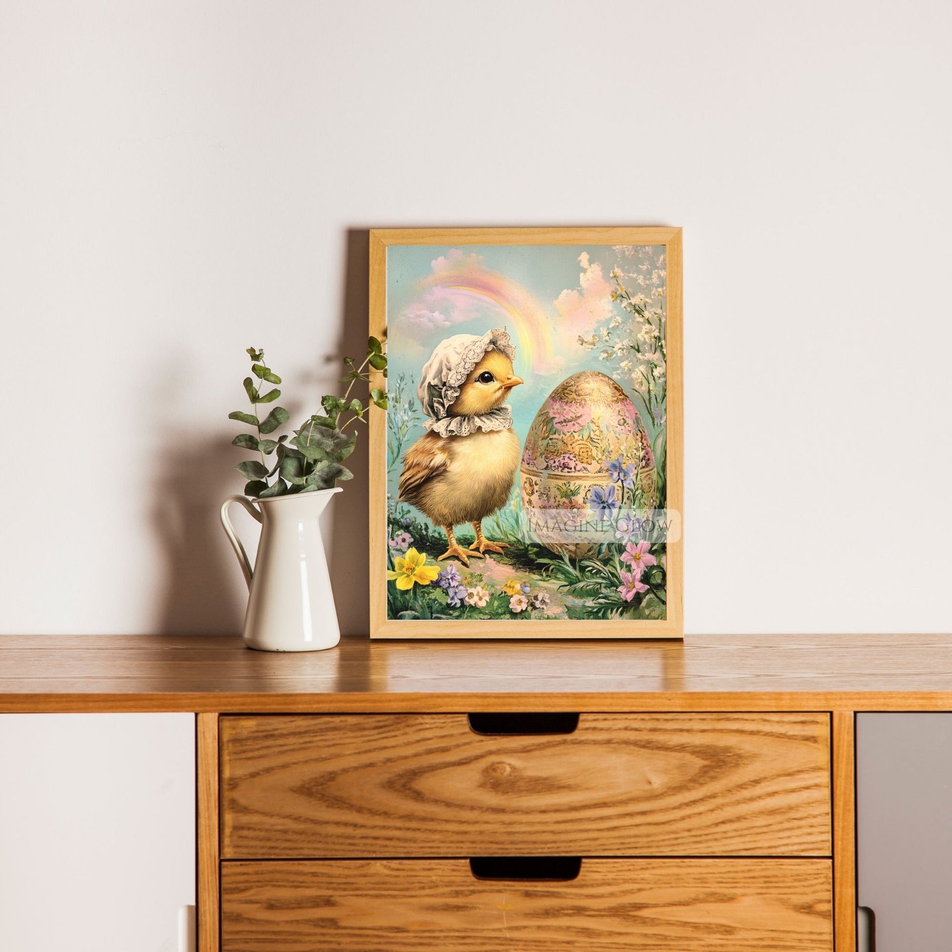 Baby chick with hand-painted Easter egg surrounded by spring florals.
