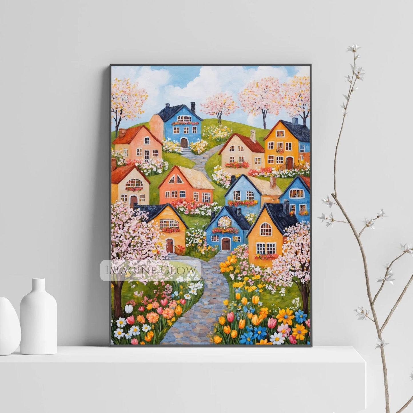 Spring village scene in rustic folk art style with vibrant blooms
