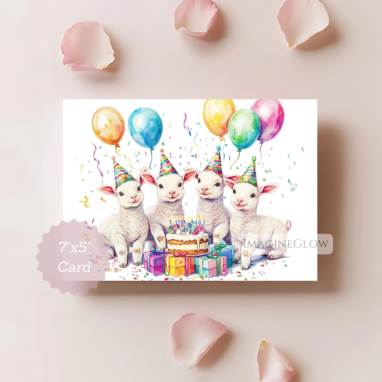 Birthday card with lambs, balloons, and a cake on a light background.