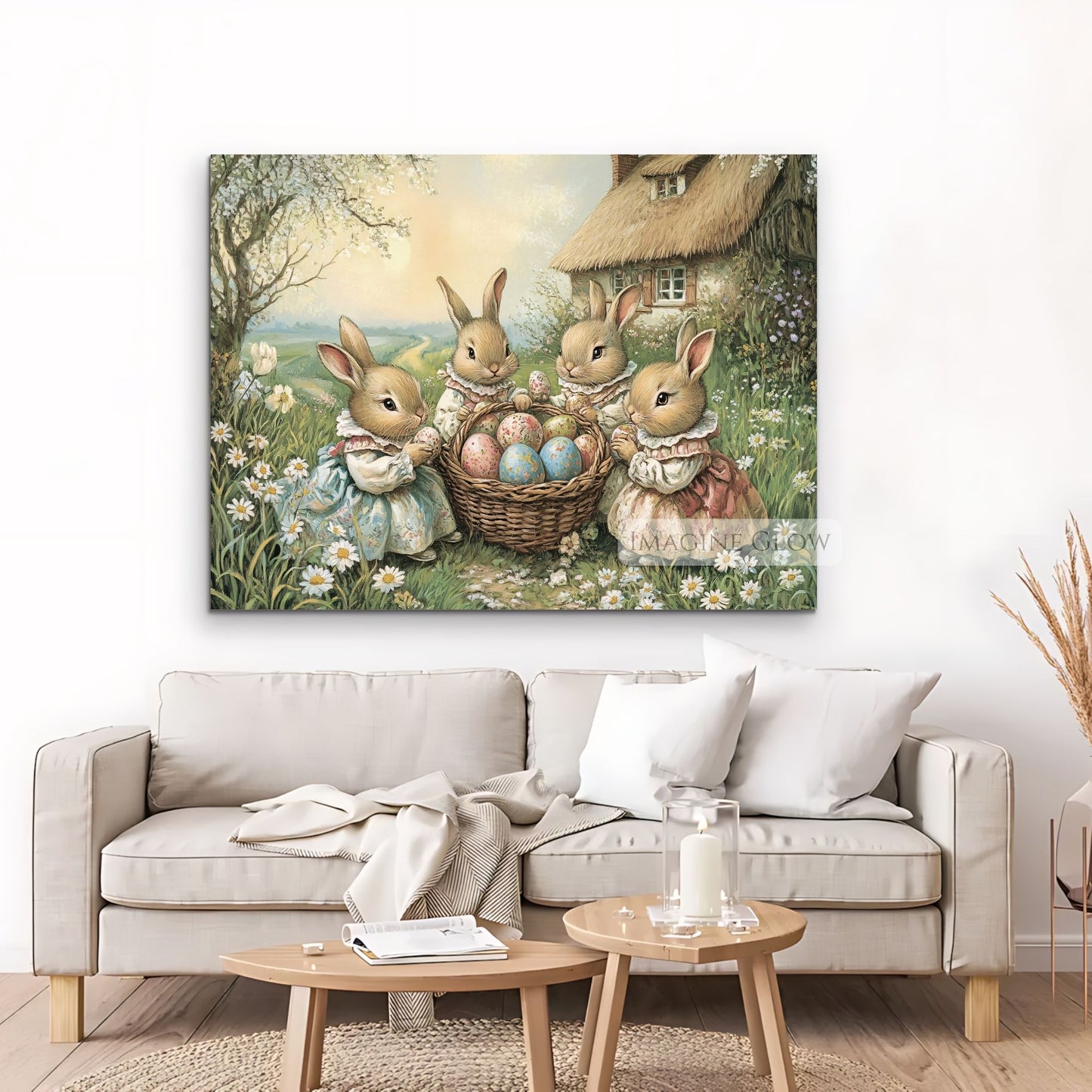 Victorian rabbits in a spring meadow with colorful Easter eggs for nursery decor.
