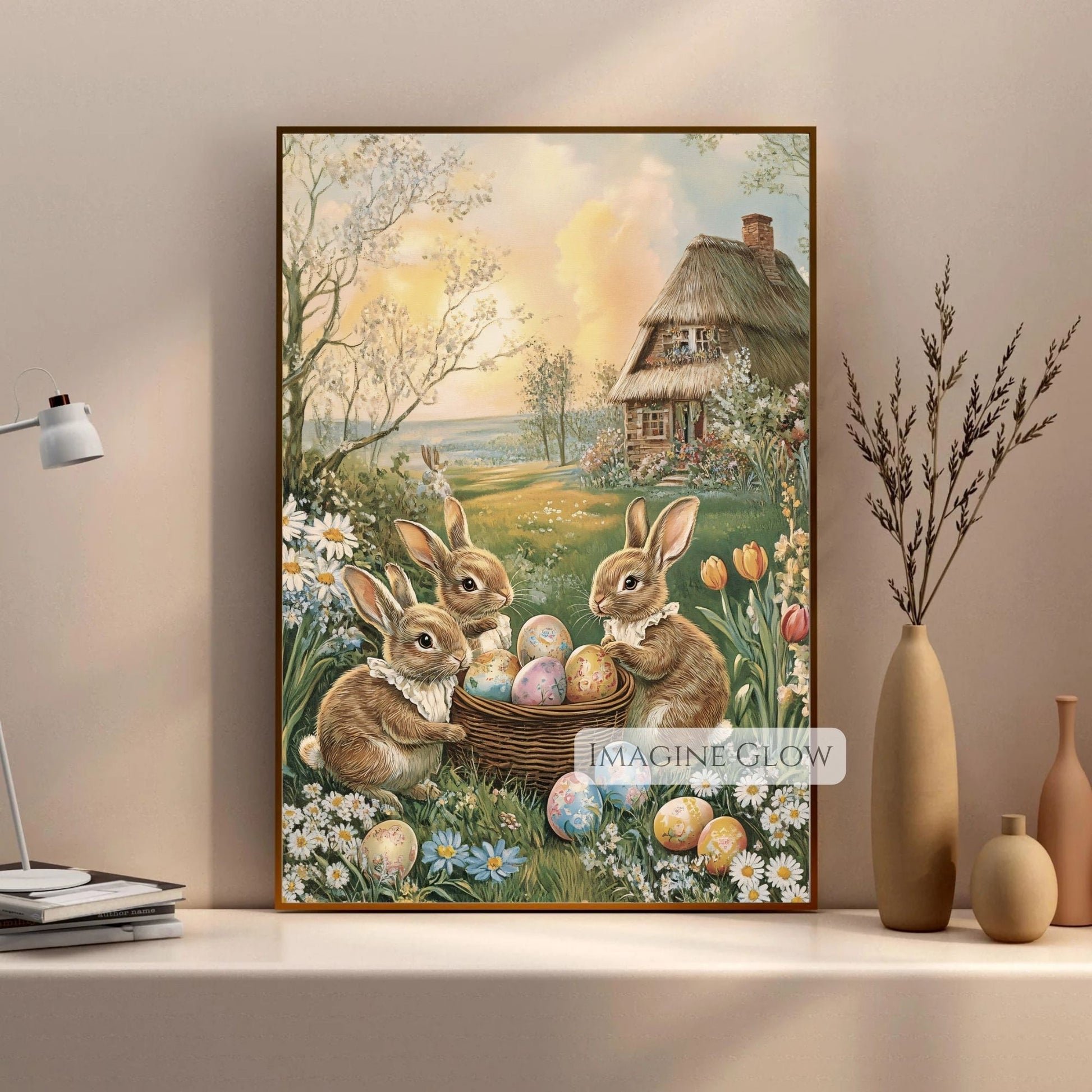 Whimsical Victorian rabbits and Easter eggs in a spring meadow.
