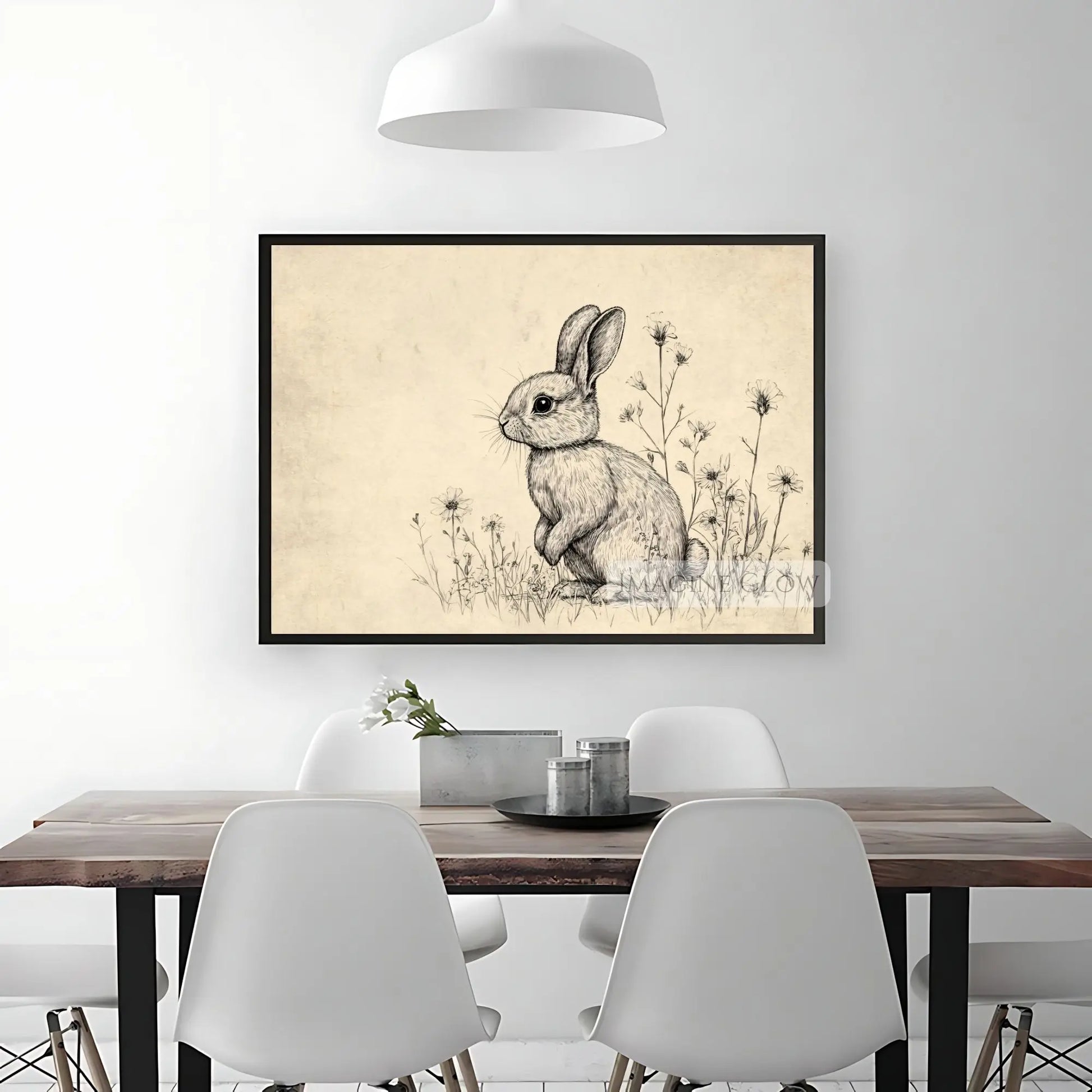 Rustic Easter decor featuring a bunny in a spring field.
