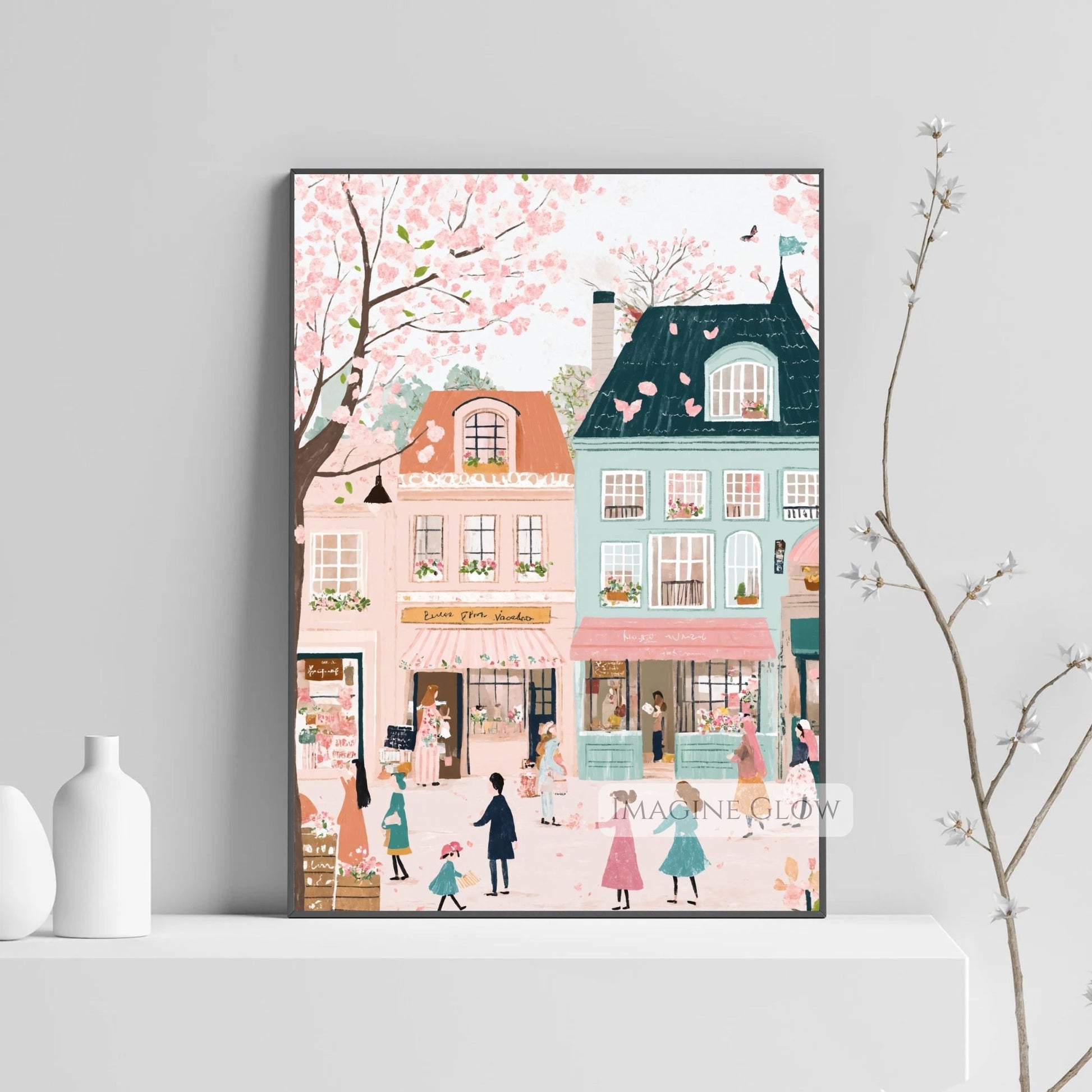 Spring Wall Art with Tulips, Cherry Blossoms, and Old Town
