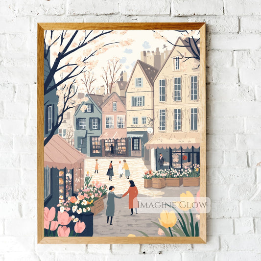 Hand-drawn spring flower market with cobblestone streets and pastel hues.
