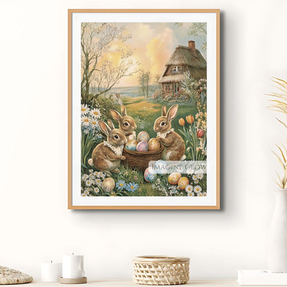 Vintage Easter art with Victorian rabbits and colorful eggs in a meadow.
