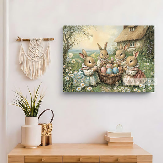 Easter art featuring Victorian rabbits in a vibrant spring meadow for classrooms.
