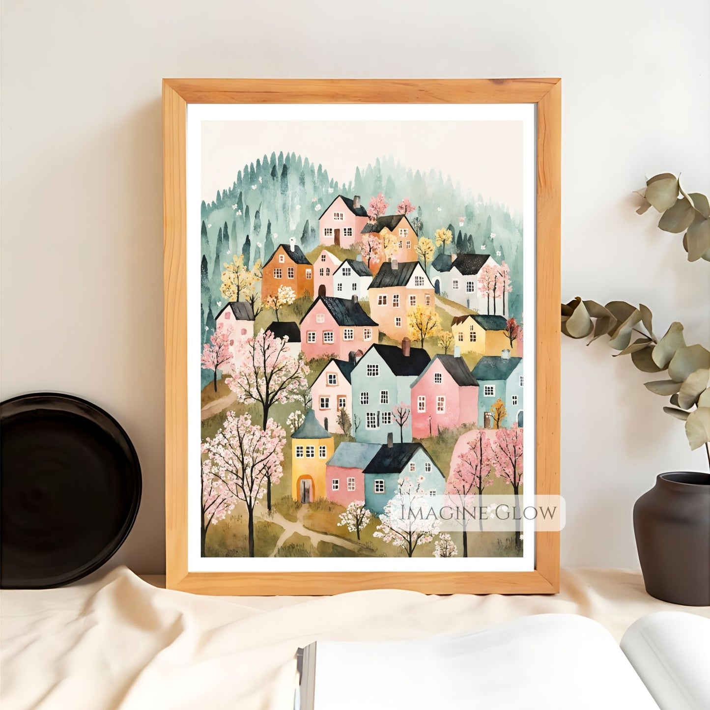 Rustic countryside scene with blooming trees wall art
