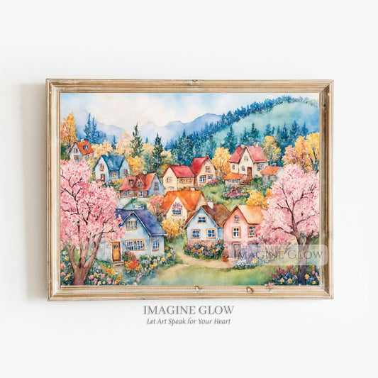 Spring village art featuring blooming flowers and a countryside scene

