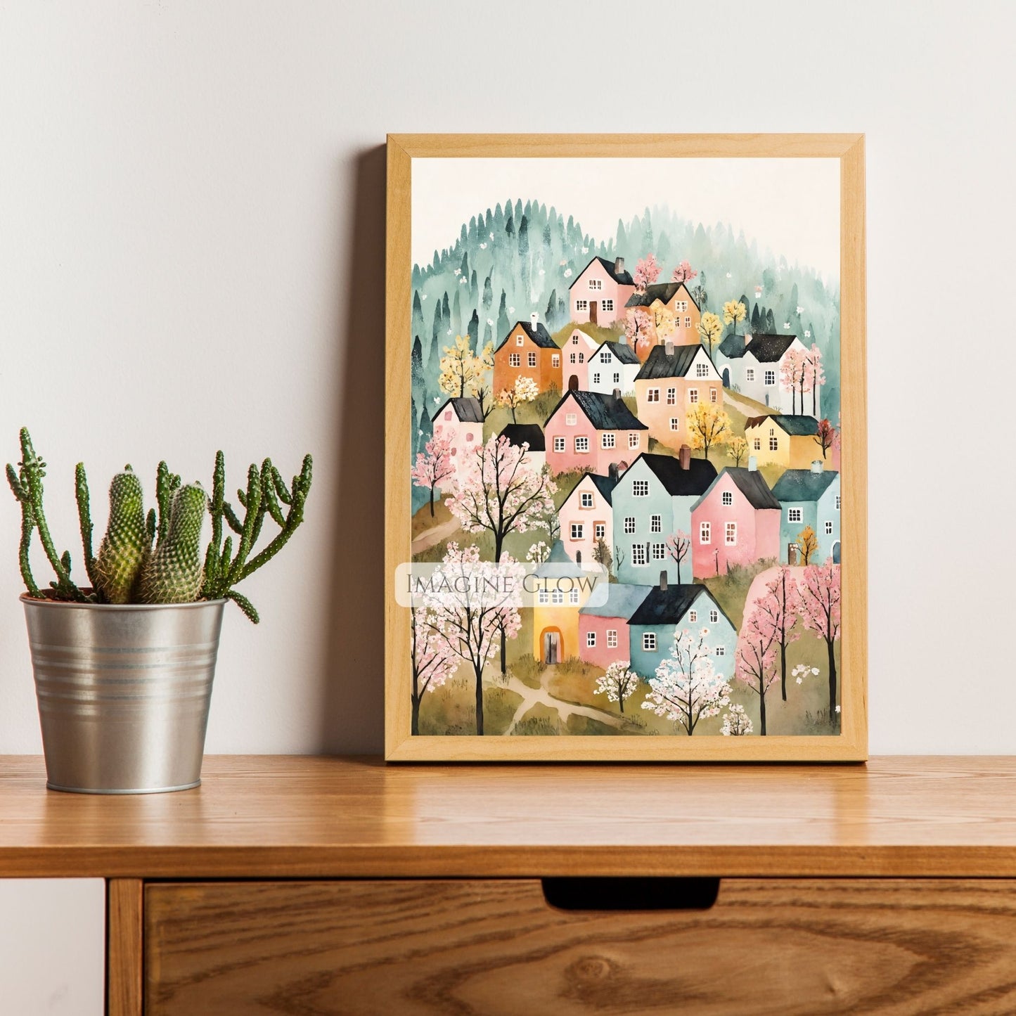 Hand-drawn springtime village digital print
