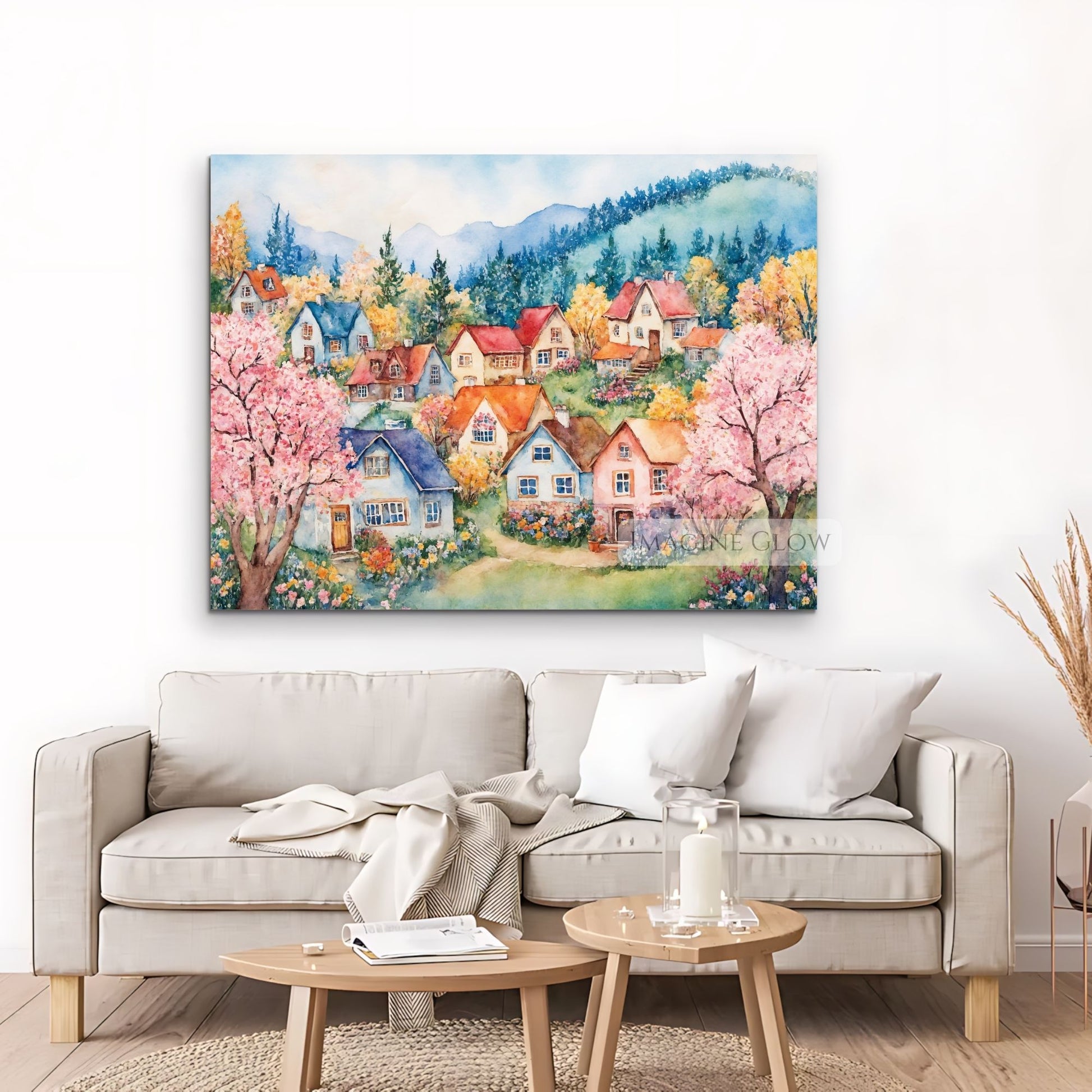 Scenic spring village artwork for home or office decor