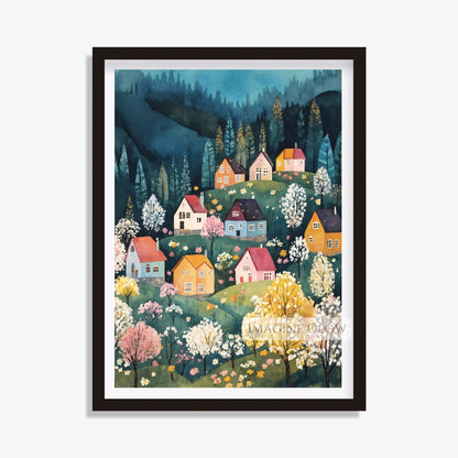 Blossoming trees in a serene countryside village print