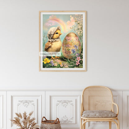 Vintage-inspired Easter artwork with a baby chick and flowers.