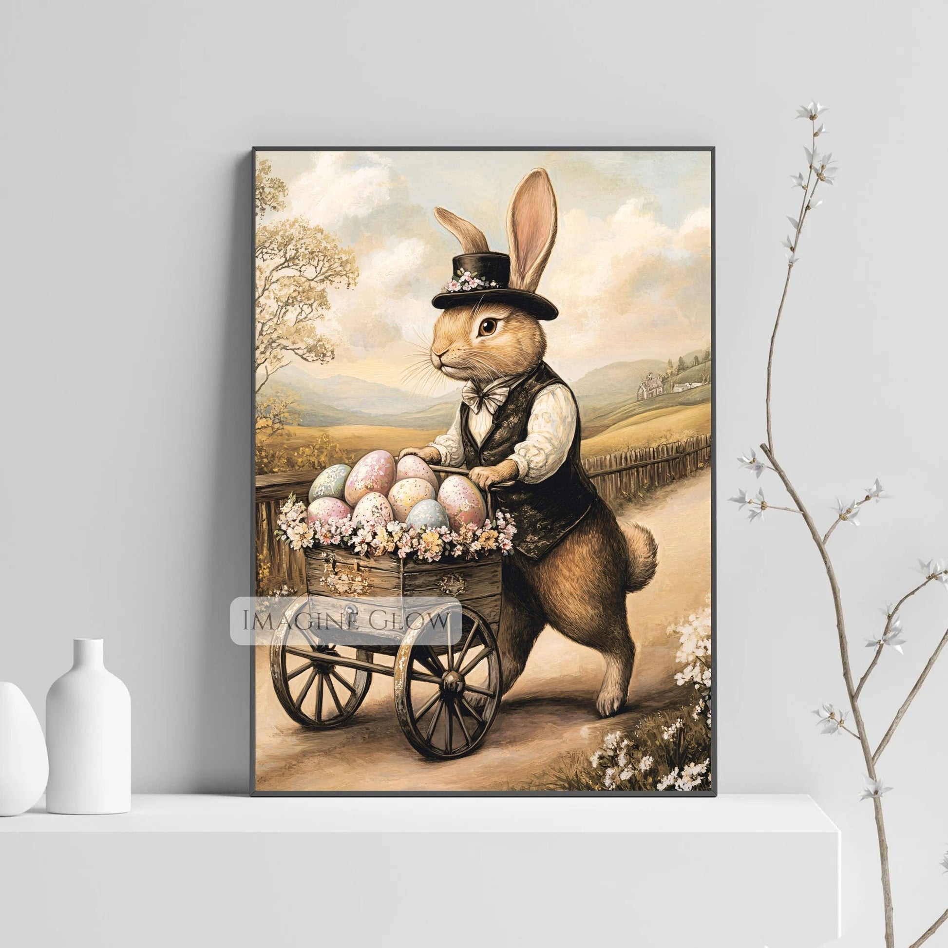 Cottagecore Easter bunny print featuring vintage-inspired details.
