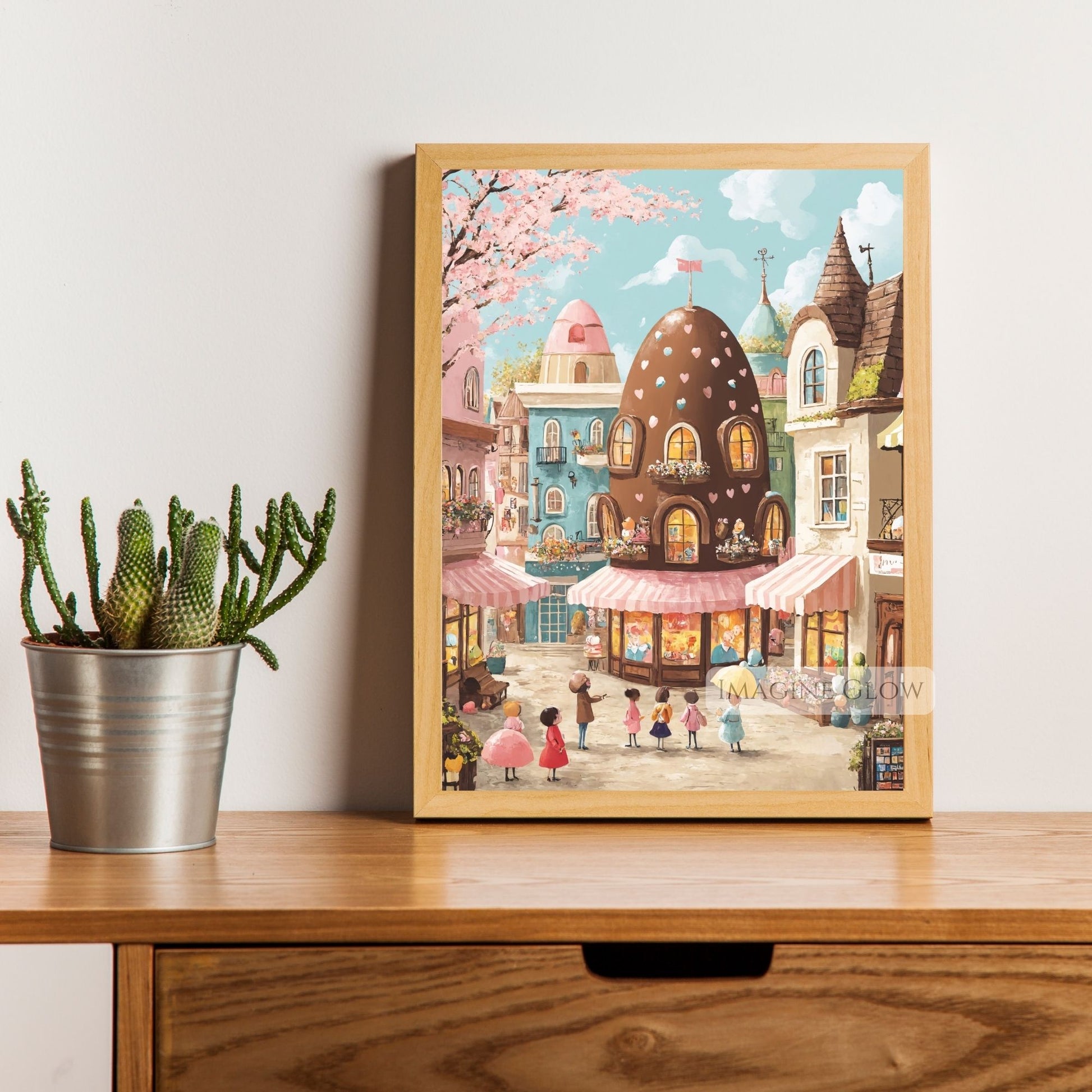 Festive Easter street art print with colorful pastel homes
