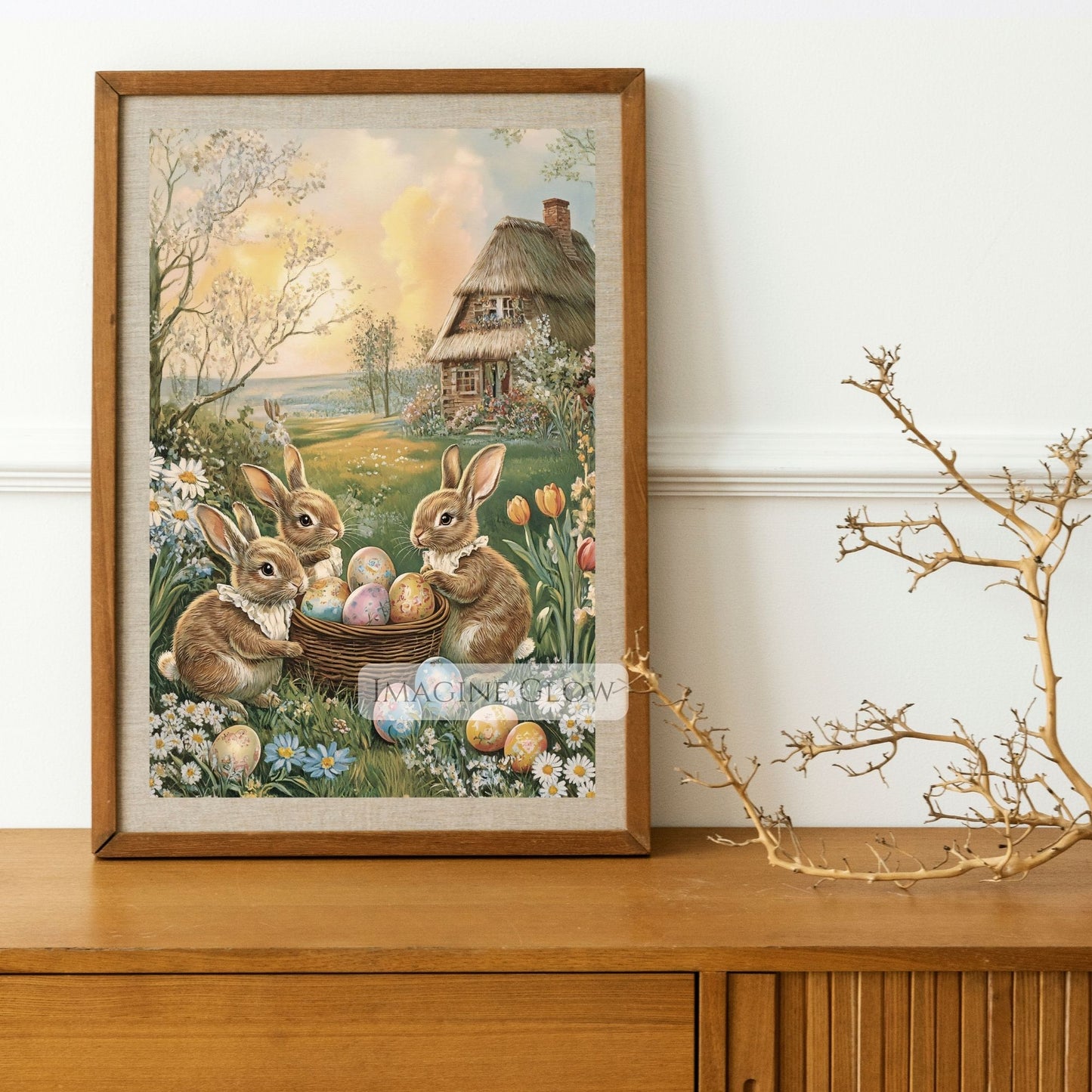 Spring meadow with vintage Easter eggs and Victorian bunnies.